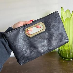 Charlotte Russe black faux leather gold handle trim with gold chain clutch